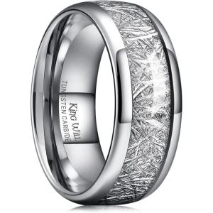 King Will Tungsten Rings for Men Meteorite Carbon Fiber Wood Inlay Mens Wedding Engagement Band Domed Polished(A 8mm all silver)