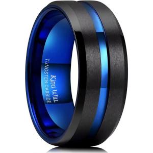 King Will Tungsten Rings for Men Two Tone Grooved Mens Wedding Band Cool Promise Engagement Matte Finished Beveled Edge(Black & Blue 10mm)