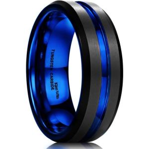 King Will Tungsten Rings for Men Two Tone Grooved Mens Wedding Band Cool Promise Engagement Matte Finished Beveled Edge(Black & Blue 7mm)
