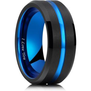 King Will Tungsten Rings for Men Two Tone Grooved Mens Wedding Band Cool Promise Engagement Matte Finished Beveled Edge(Black & Blue 8mm  I Love You)