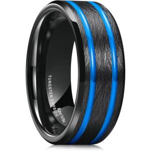King Will Tungsten Rings for Men Two Tone Grooved Mens Wedding Band Cool Promise Engagement Matte Finished Beveled Edge(Black & Blue Two Groove 8mm)