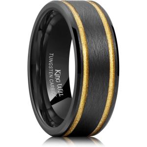 King Will Tungsten Rings for Men Two Tone Grooved Mens Wedding Band Cool Promise Engagement Matte Finished Beveled Edge(Black & Gold Two Groove)