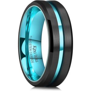 King Will Tungsten Rings for Men Two Tone Grooved Mens Wedding Band Cool Promise Engagement Matte Finished Beveled Edge(Black & Ice-Blue 7mm)