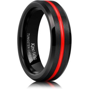 King Will Tungsten Rings for Men Two Tone Grooved Mens Wedding Band Cool Promise Engagement Matte Finished Beveled Edge(Black & Red 6mm)