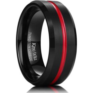 King Will Tungsten Rings for Men Two Tone Grooved Mens Wedding Band Cool Promise Engagement Matte Finished Beveled Edge(Black & Red)