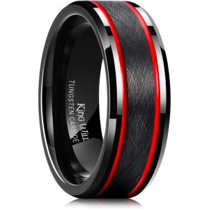 King Will Tungsten Rings for Men Two Tone Grooved Mens Wedding Band Cool Promise Engagement Matte Finished Beveled Edge(Black & Red Two Groove)