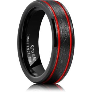 King Will Tungsten Rings for Men Two Tone Grooved Mens Wedding Band Cool Promise Engagement Matte Finished Beveled Edge(Black & Red Two Groove 6mm)