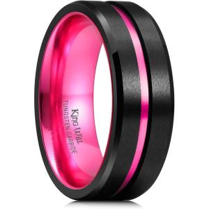 King Will Tungsten Rings for Men Two Tone Grooved Mens Wedding Band Cool Promise Engagement Matte Finished Beveled Edge(Pink)