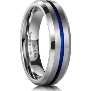 King Will Tungsten Rings for Men Two Tone Grooved Mens Wedding Band Cool Promise Engagement Matte Finished Beveled Edge(Silver & Blue 6mm)