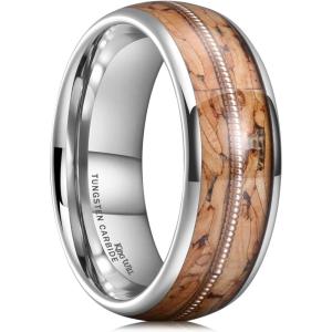 King Will Tungsten Wedding Band for Men 8mm Domed Ring Arrow/Guitar String Inlay Promise Ring for Him Comfort Fit(A-Brown)