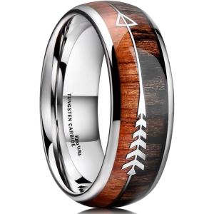 King Will Tungsten Wedding Band for Men 8mm Domed Ring Arrow/Guitar String Inlay Promise Ring for Him Comfort Fit(B-silver-all-wood)