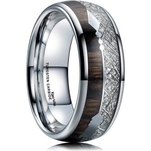 King Will Tungsten Wedding Band for Men 8mm Domed Ring Arrow/Guitar String Inlay Promise Ring for Him Comfort Fit(B-silver-wood)