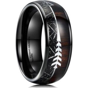 King Will Tungsten Wedding Band for Men 8mm Domed Ring Arrow/Guitar String Inlay Promise Ring for Him Comfort Fit(B-wood-meteorite)
