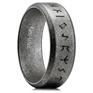 King Will Viking Stainless Steel Wedding Band – 8mm Men Ring with Tree of Life Rune Design and Abalone Shell Inlay in Grey/Gold/Black Vintage Finish,Comfort Fit Size 7-14(Gray-Runes-B)