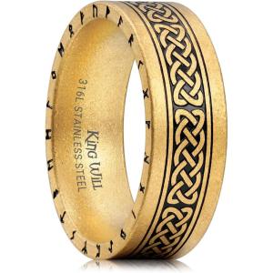 King Will Viking Stainless Steel Wedding Band – 8mm Men Ring with Tree of Life Rune Design and Abalone Shell Inlay in Grey/Gold/Black Vintage Finish,Comfort Fit Size 7-14(Gold-Runes-B)