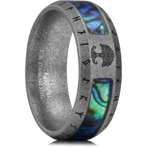 King Will Viking Stainless Steel Wedding Band – 8mm Men Ring with Tree of Life Rune Design and Abalone Shell Inlay in Grey/Gold/Black Vintage Finish,Comfort Fit Size 7-14(A-Grey)