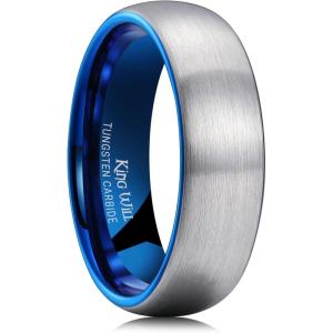 King Will Wedding Band for Men Women, 2/4/6/7/8mm Domed Matte Brushed Tungsten Carbide Rings, Solid/Dual Color Engagement Rings, Comfort Fit(Silver&Blue-7mm)