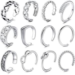 Mayhoop 12Pcs Open Toe Rings Adjustable Toe Band Ring Set Finger Foot Jewelry for Women Men(1#12Pcs-Silver)