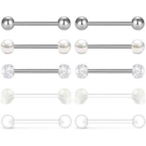 Mayhoop 14G 36Pcs Stainless Steel Nipple Rings Tongue Rings Straight Barbell Bars Piercing 14mm 16mm 18mm in Length for Women Men(1#White tone)