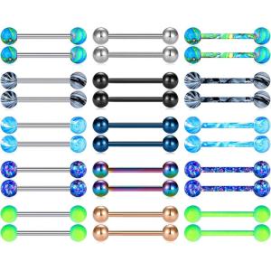 Mayhoop 14G 36Pcs Stainless Steel Nipple Rings Tongue Rings Straight Barbell Bars Piercing 14mm 16mm 18mm in Length for Women Men(Dark)