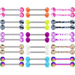 Mayhoop 14G 36Pcs Stainless Steel Nipple Rings Tongue Rings Straight Barbell Bars Piercing 14mm 16mm 18mm in Length for Women Men(Light)