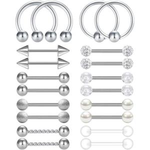 Mayhoop 14G 36Pcs Stainless Steel Nipple Rings Tongue Rings Straight Barbell Bars Piercing 14mm 16mm 18mm in Length for Women Men(Silver)