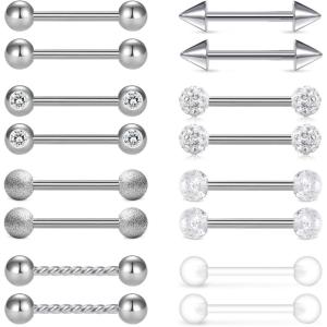 Mayhoop 14G 36Pcs Stainless Steel Nipple Rings Tongue Rings Straight Barbell Bars Piercing 14mm 16mm 18mm in Length for Women Men(Silver2)
