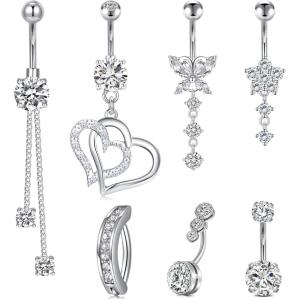 Mayhoop 14G Belly Button Rings 316L Surgical Stainless Steel Dangle Clicker Belly Ring Dangling Piercing Jewelry With Heart Flower Butterfly Silver Gold Tone For Women(7Pcs-silver)