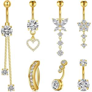 Mayhoop 14G Belly Button Rings 316L Surgical Stainless Steel Dangle Clicker Belly Ring Dangling Piercing Jewelry With Heart Flower Butterfly Silver Gold Tone For Women(7Pcs-gold)