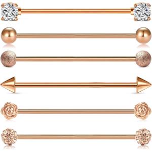 Mayhoop 14G Stainless Steel Industrial Barbell 35mm 1 3/8 Inch & 38mm 1 1/2 Inch Industrial Piercing Bar for Women Men(2#Rose-gold 35mm bar)