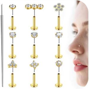 Mayhoop 14K Gold Push in Stud Earrings 316L Surgical Steel Threadless Stud Multi-Pack Flat Back Nose Rings Conch Cartilage Tragus Lip Labret Helix Piercing Jewelry Hypoallergenic for Women Men 18G/20G(14K Gold -18G -6mm)