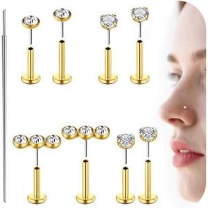 Mayhoop 14K Gold Threadless Nose Stud Earrings 316L Surgical Steel Push in Flat Back Nose Rings Conch Cartilage Tragus Lip Labret Helix Piercing Jewelry Hypoallergenic for Women Men 18G/20G(14K Gold 20G)