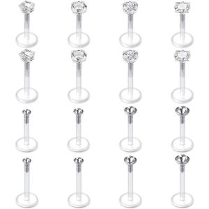 Mayhoop 16G 16Pcs Tragus Earrings Lip Rings Labret Studs Jeweled Cartilage Helix Earrings Flexible Clear Bar Medusa Piercing Retainer 6mm 8mm for Women Men(3#6mm(1/4″)& 8mm(5/16″) Bar)