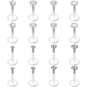 Mayhoop 16G 16Pcs Tragus Earrings Lip Rings Labret Studs Jeweled Cartilage Helix Earrings Flexible Clear Bar Medusa Piercing Retainer 6mm 8mm for Women Men(1#6mm(1/4″) Bar)