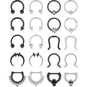 Mayhoop 16G 20Pcs Surgical Steel Nose Rings Septum Rings Captive Bead Rings Horseshoe Piercing Jewelry Cartilage Helix Daith Tragus Earring Hoop Lip Hinged Seamless Nose Hoop Ring for Women Men(Silver+Black)