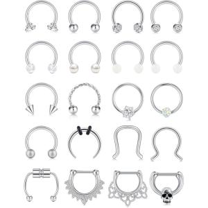 Mayhoop 16G 20Pcs Surgical Steel Nose Rings Septum Rings Captive Bead Rings Horseshoe Piercing Jewelry Cartilage Helix Daith Tragus Earring Hoop Lip Hinged Seamless Nose Hoop Ring for Women Men(Silver)
