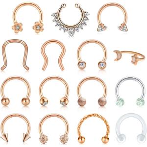 Mayhoop 16G 20Pcs Surgical Steel Nose Rings Septum Rings Captive Bead Rings Horseshoe Piercing Jewelry Cartilage Helix Daith Tragus Earring Hoop Lip Hinged Seamless Nose Hoop Ring for Women Men(Rose gold(15Pcs))