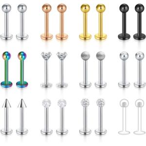 Mayhoop 16G 24Pcs Stainless Steel Labret Studs Lip Rings Retainer Cartilage Tragus Helix Earring Barbell Medusa Piercing Jewelry with Clear Diamond CZ 8mm Bar Length for Women Men(1#Silver)