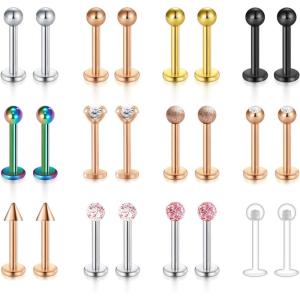 Mayhoop 16G 24Pcs Stainless Steel Labret Studs Lip Rings Retainer Cartilage Tragus Helix Earring Barbell Medusa Piercing Jewelry with Clear Diamond CZ 8mm Bar Length for Women Men(2#Rose gold)