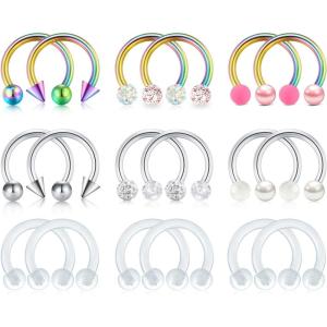 Mayhoop 16G Horseshoe Nose Septum Rings 316L Stainless Steel Piercing Jewelry Cartilage Helix Tragus Earring Hoop Lip Horseshoe Piercing Retainer For Women Men 6mm 8mm 10mm(4-1#18Pcs-Colorful&Silver&Clear-10mm(3/8″))
