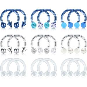 Mayhoop 16G Horseshoe Nose Septum Rings 316L Stainless Steel Piercing Jewelry Cartilage Helix Tragus Earring Hoop Lip Horseshoe Piercing Retainer For Women Men 6mm 8mm 10mm(5-1#18Pcs-Blue&Silver&Clear-10mm(3/8″))