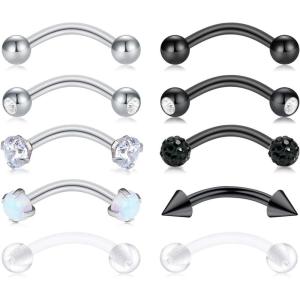 Mayhoop 16G Stainless Steel Daith Rook Earring 8mm 10mm Curved Barbell Eyebrow Rings Piercing Jewelry for Women Men(6#Silver&Black&Clear(8mm Bar length))