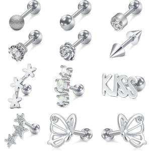 Mayhoop 16g Cartilage Earrings – Men Women Surgical Stainless Steel Tragus Piercing Jewelry Stud Hoop Forward Helix Rook Daith Conch Earrings(Silver-2)