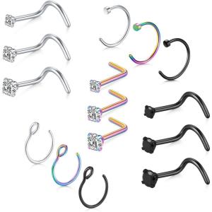 Mayhoop 18g Stainless Steel Nose Rings Hoop L Shape Nose Studs Nose Screw Bone Silver Rose Gold Black Rainbow Pack for Women Men(Style A(Silver+multicolor+Black))