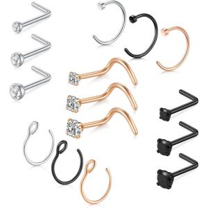 Mayhoop 18g Stainless Steel Nose Rings Hoop L Shape Nose Studs Nose Screw Bone Silver Rose Gold Black Rainbow Pack for Women Men(Style B(Silver+Rose gold+Black))