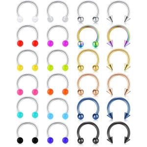 Mayhoop 20G 24Pcs Stainless Steel Horseshoe Nose Septum Rings Piercing Jewelry Cartilage Helix Tragus Earring Hoop Lip Horseshoe Piercing Retainer for Women Men 8mm 10mm(5#8mm Style C)