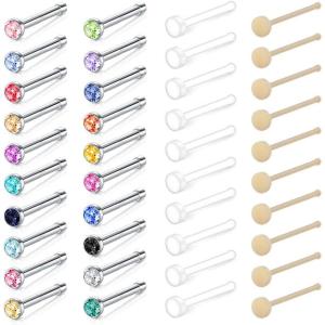 Mayhoop 20G 30Pcs Bioflex Clear Nose Rings Retainer Nose Piercing Retainer Mix Color CZ Body Jewelry Piercing for Women Men(Silver+clear+skin(nose bone))