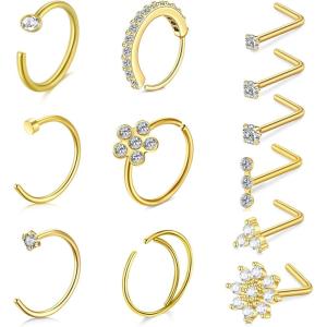 Mayhoop 20G Gold Nose Ring 316L Surgical Stainless Steel L Shaped Nose Piercing Stud Jewelry Hypoallergenic Piercings Hoop Jewelry For Women Men(20G-Gold)