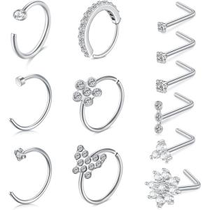 Mayhoop 20G Gold Nose Ring 316L Surgical Stainless Steel L Shaped Nose Piercing Stud Jewelry Hypoallergenic Piercings Hoop Jewelry For Women Men(20G-Silver-12Pcs)