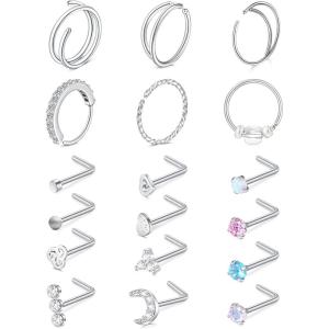 Mayhoop 20G Gold Nose Ring 316L Surgical Stainless Steel L Shaped Nose Piercing Stud Jewelry Hypoallergenic Piercings Hoop Jewelry For Women Men(Silver)